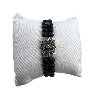 CFJ Black Beaded Marcasite Sterling Silver Bracelet 7.25"